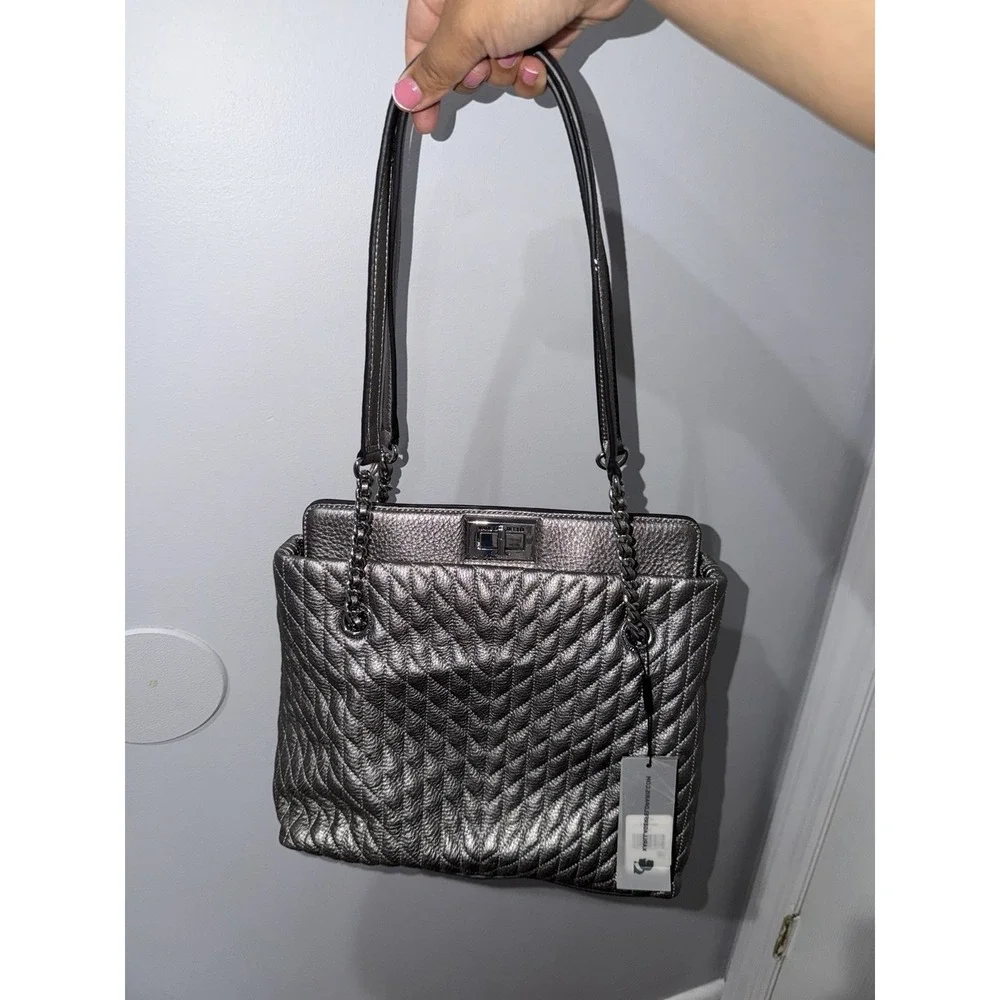 Karl‎ Lagerfeld Paris Quilted Leather Tote Silver Chain Shoulder Bag P